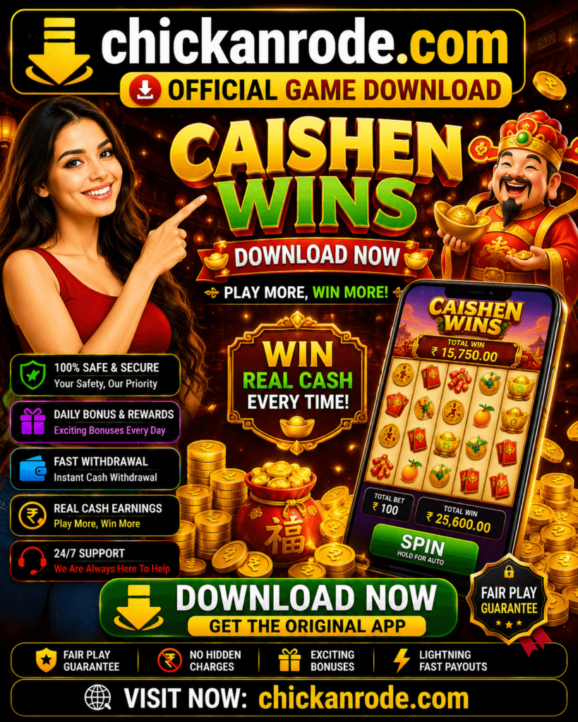 Caishen Wins download banner featuring official game download link, slot gameplay, real cash rewards, fast withdrawals, secure gaming, and chickanrode.com branding.