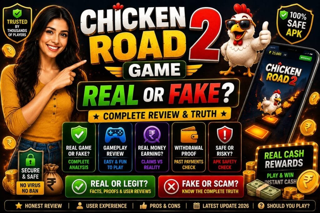 Smiling woman pointing toward text for Chicken Road game download banner and gaming blog thumbnail design.