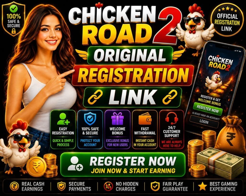 Chicken Road original registration link banner showing secure signup process, welcome bonus, fast withdrawal, and official account registration features.