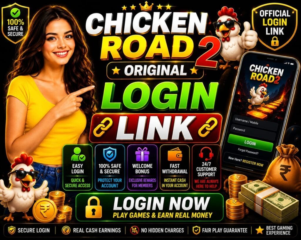 Chicken Road original login link banner showing secure account login, fast withdrawal, welcome bonus rewards, and official gameplay access.