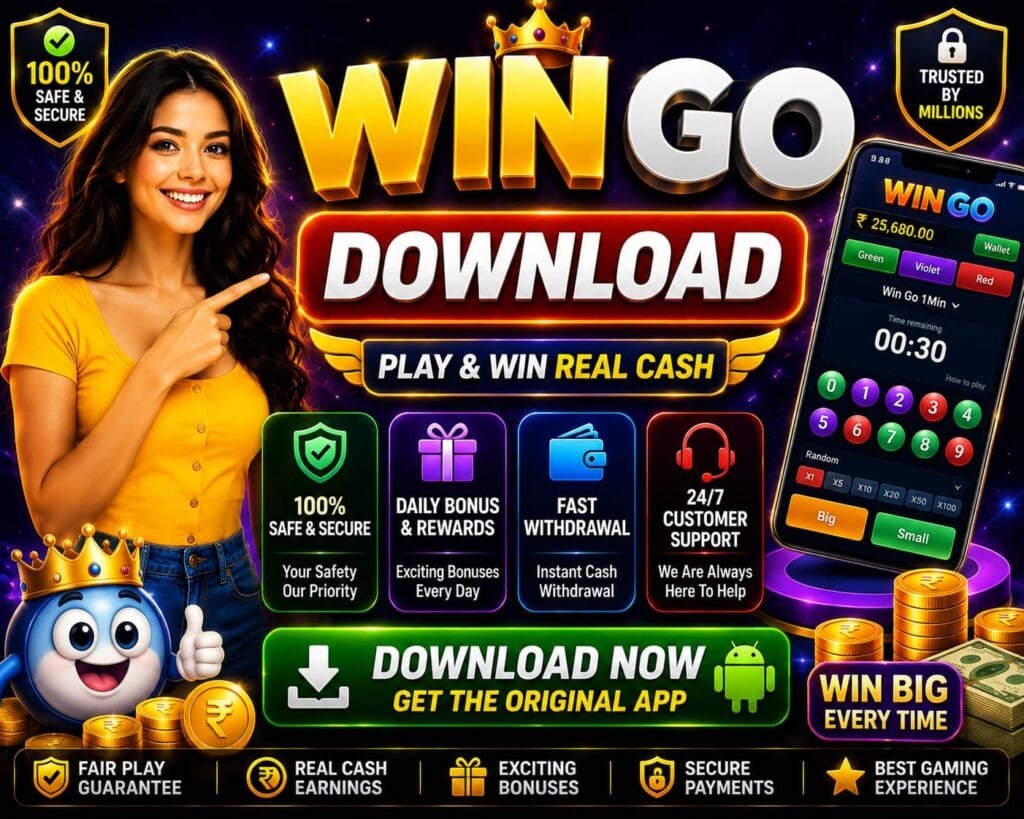 Win Go download banner showing APK download, real cash rewards, secure gameplay, fast withdrawal, and bonus features for Android users.