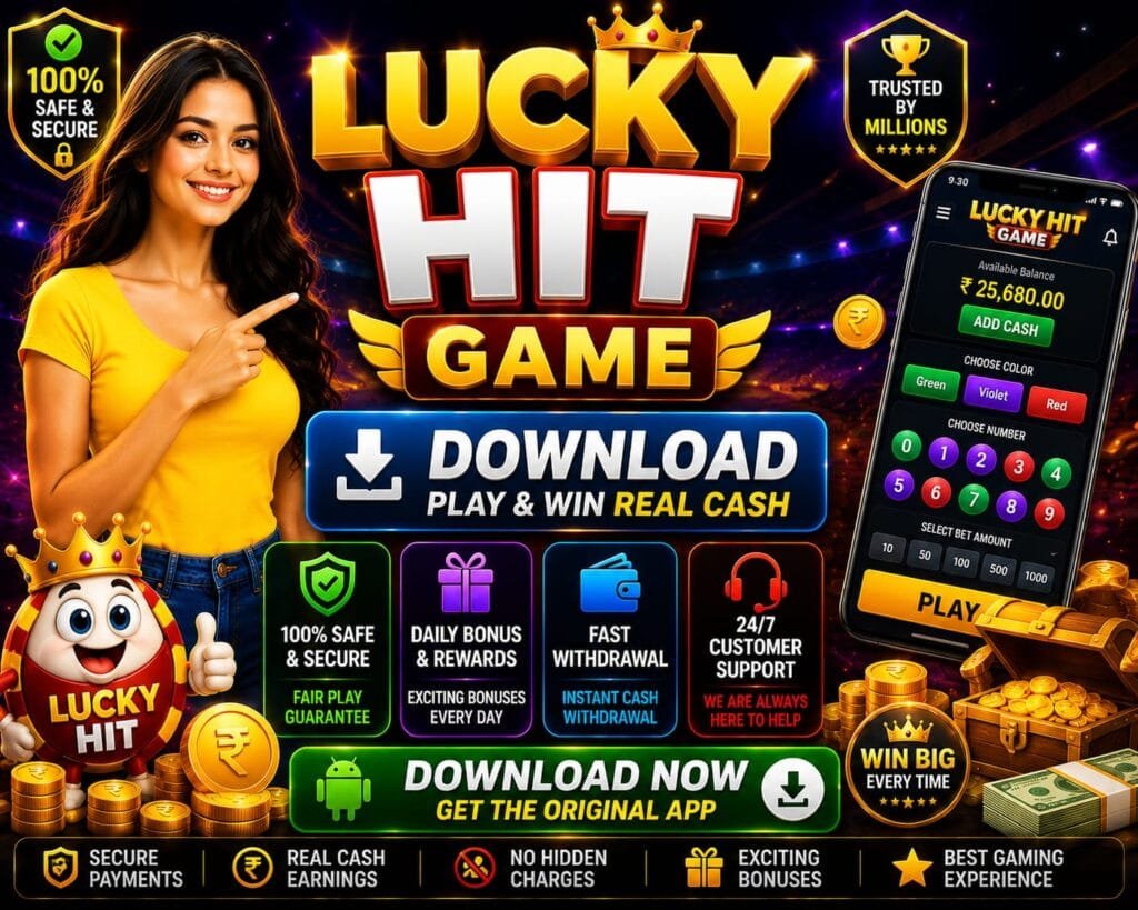 Lucky Hit game download banner showing APK download, real cash rewards, fast withdrawal, and secure gameplay features for Android users.