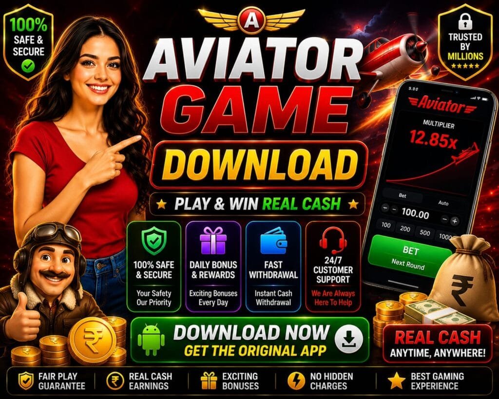 Aviator game download banner showing APK download, real cash rewards, fast withdrawal, and secure gameplay features for Android users.