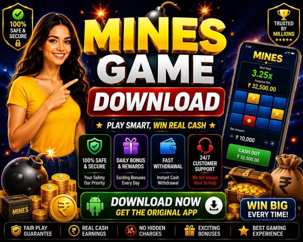 Mines game download banner showing APK download, real cash rewards, secure gameplay, fast withdrawal, and bonus features for Android users.