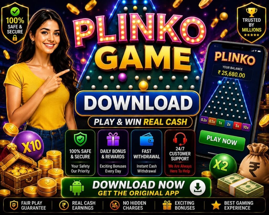 Plinko game download banner showing APK download, real cash rewards, secure gameplay, and fast withdrawal features for Android users.
