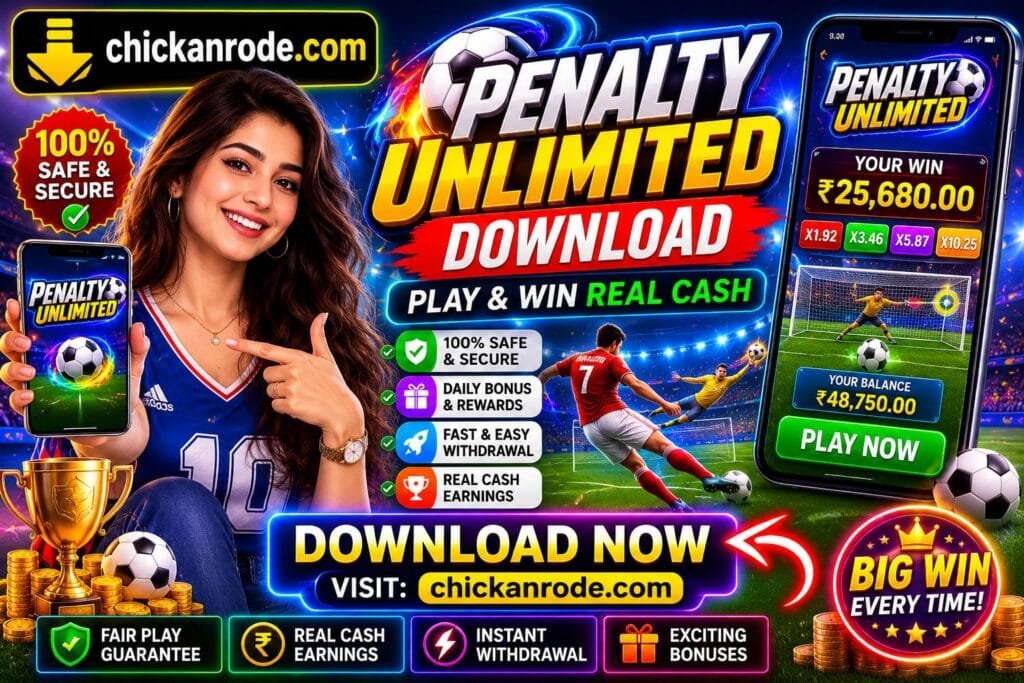 Penalty Unlimited download banner featuring soccer gameplay, APK download, secure gaming, bonus rewards, fast withdrawal, and Android mobile gaming experience.