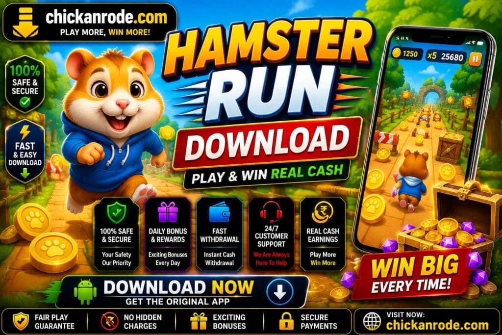 Hamster Run download banner featuring endless running gameplay, APK download, bonus rewards, secure gaming, and Android mobile gaming experience.