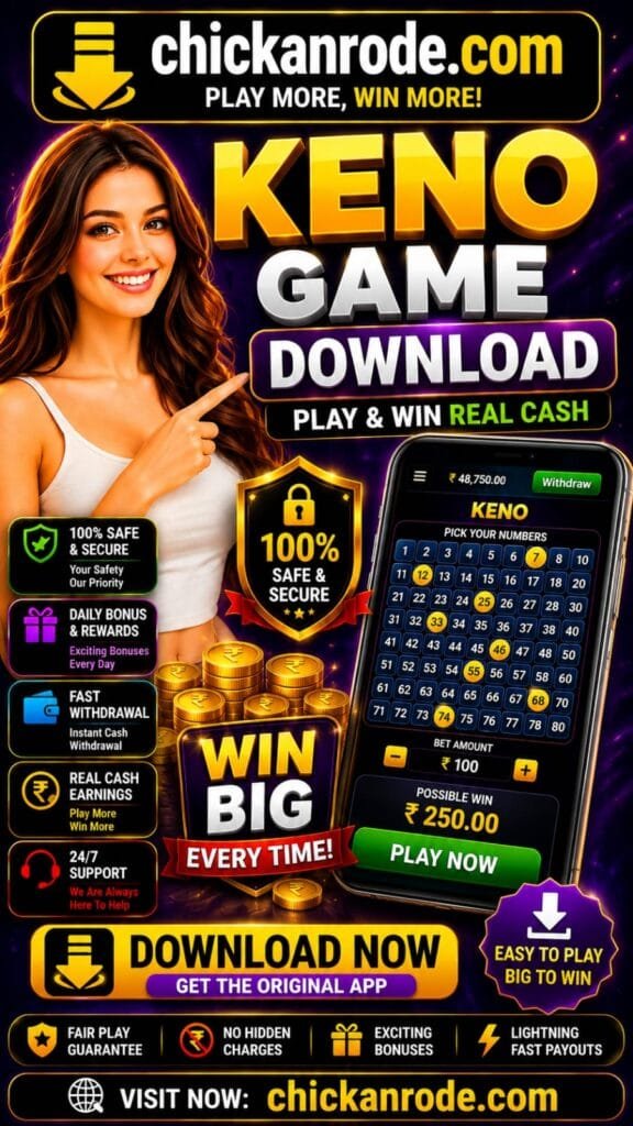 Keno Game download banner featuring Keno number selection gameplay, APK download, real cash rewards, fast withdrawals, secure gaming, and chickanrode.com branding.