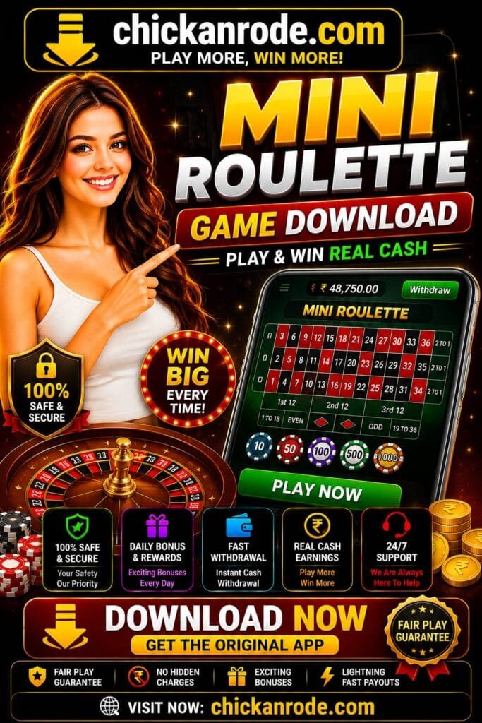 Mini Roulette Game Download banner featuring official game download link, roulette gameplay, real cash rewards, fast withdrawals, secure gaming, and chickanrode.com branding.