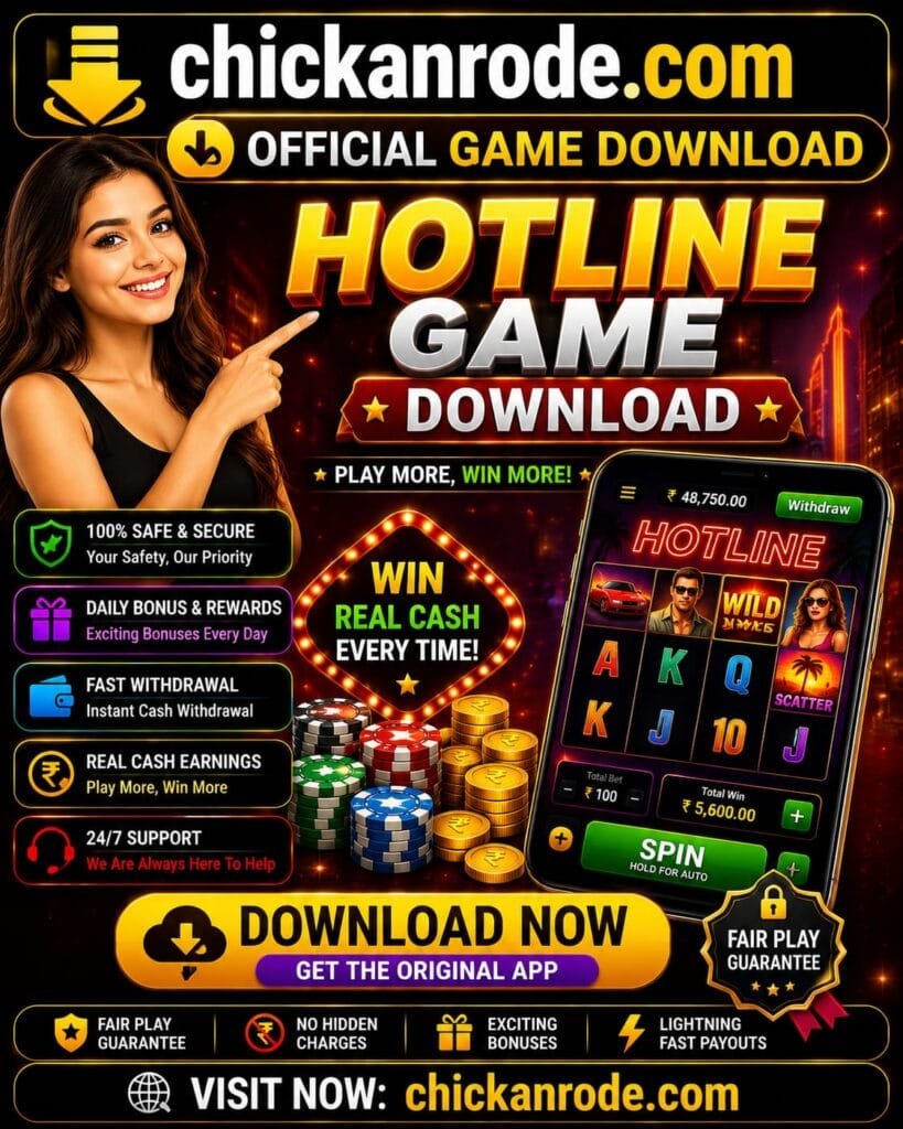 Hotline Game download banner featuring official game download link, mobile gameplay, real cash rewards, secure gaming, fast withdrawals, and chickanrode.com branding.