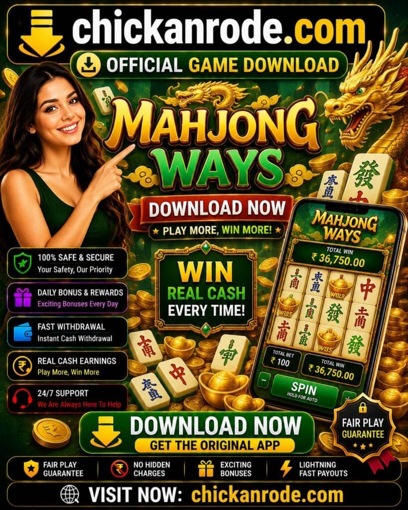 Mahjong Ways download banner featuring Mahjong-themed gameplay, official game download link, real cash rewards, fast withdrawals, secure gaming, and chickanrode.com branding.
