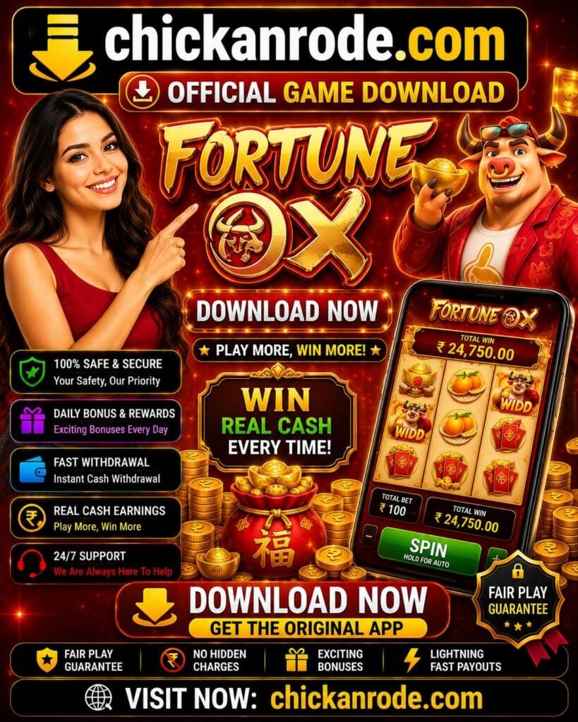 Fortune Ox download banner featuring official game download link, Fortune Ox slot gameplay, real cash rewards, secure gaming, fast withdrawals, and chickanrode.com branding.