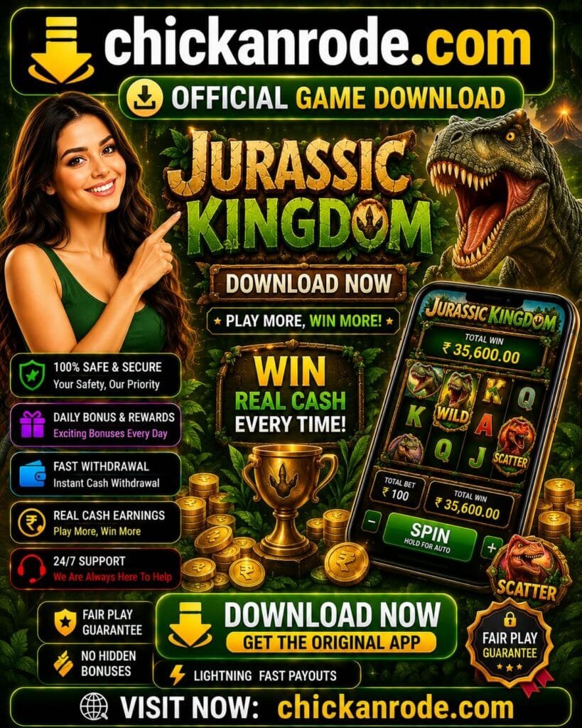Jurassic Kingdom download banner featuring dinosaur-themed gameplay, official game download link, real cash rewards, secure gaming, fast withdrawals, and chickanrode.com branding.