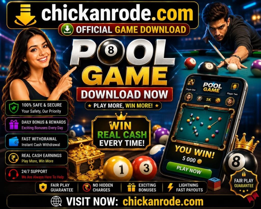 Pool Game download banner featuring billiards gameplay, official game download link, real cash rewards, secure gaming, fast withdrawals, and chickanrode.com branding.