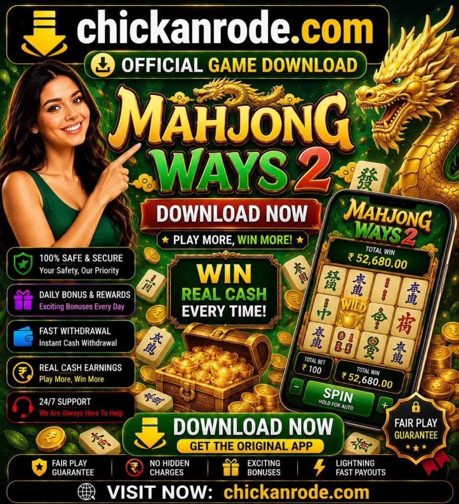 Mahjong Ways 2 download banner featuring Mahjong-themed slot gameplay, official game download link, real cash rewards, secure gaming, fast withdrawals, and chickanrode.com branding.