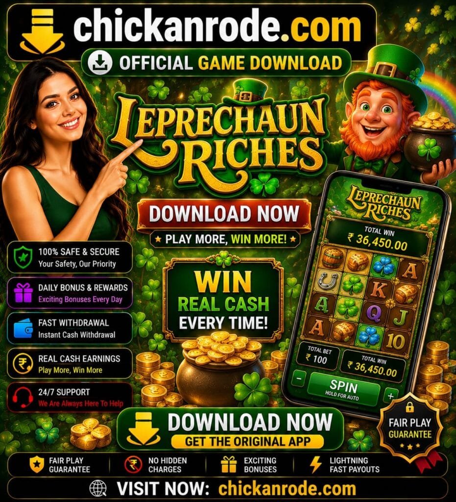 Leprechaun Riches download banner featuring Irish-themed slot gameplay, official game download link, real cash rewards, secure gaming, fast withdrawals, and chickanrode.com branding.