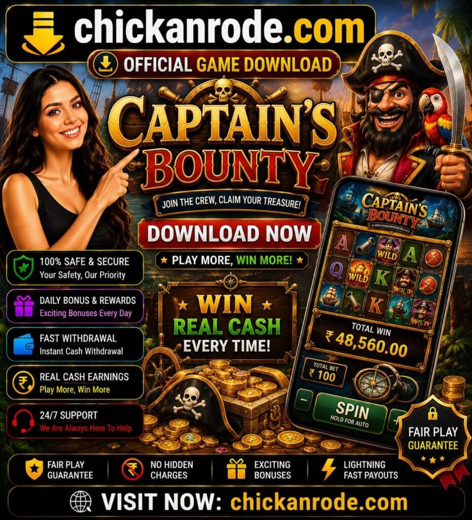Captain's Bounty download banner featuring pirate-themed slot gameplay, official game download link, real cash rewards, secure gaming, fast withdrawals, and chickanrode.com branding.