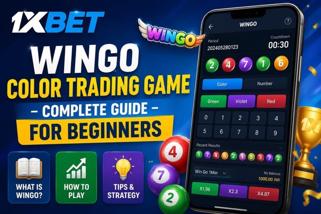 1XBet Wingo Color Trading Game complete guide for beginners with mobile screen, colorful number balls, strategy tips and registration information.
