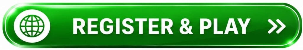 Colorful Register and Play button design with globe icon and call-to-action arrows in green, purple, orange, and red colors.